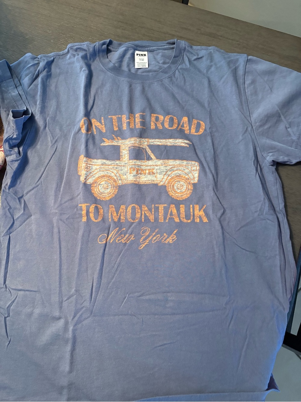 PINK Victoria's Secret Blue Graphic Tee with Orange-Gold Truck Print